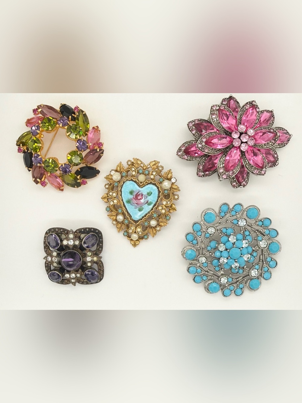 Vintage Estate Brooch Pin Lot Rhinestone Heart Guilloché Enamel Pearl Amethyst